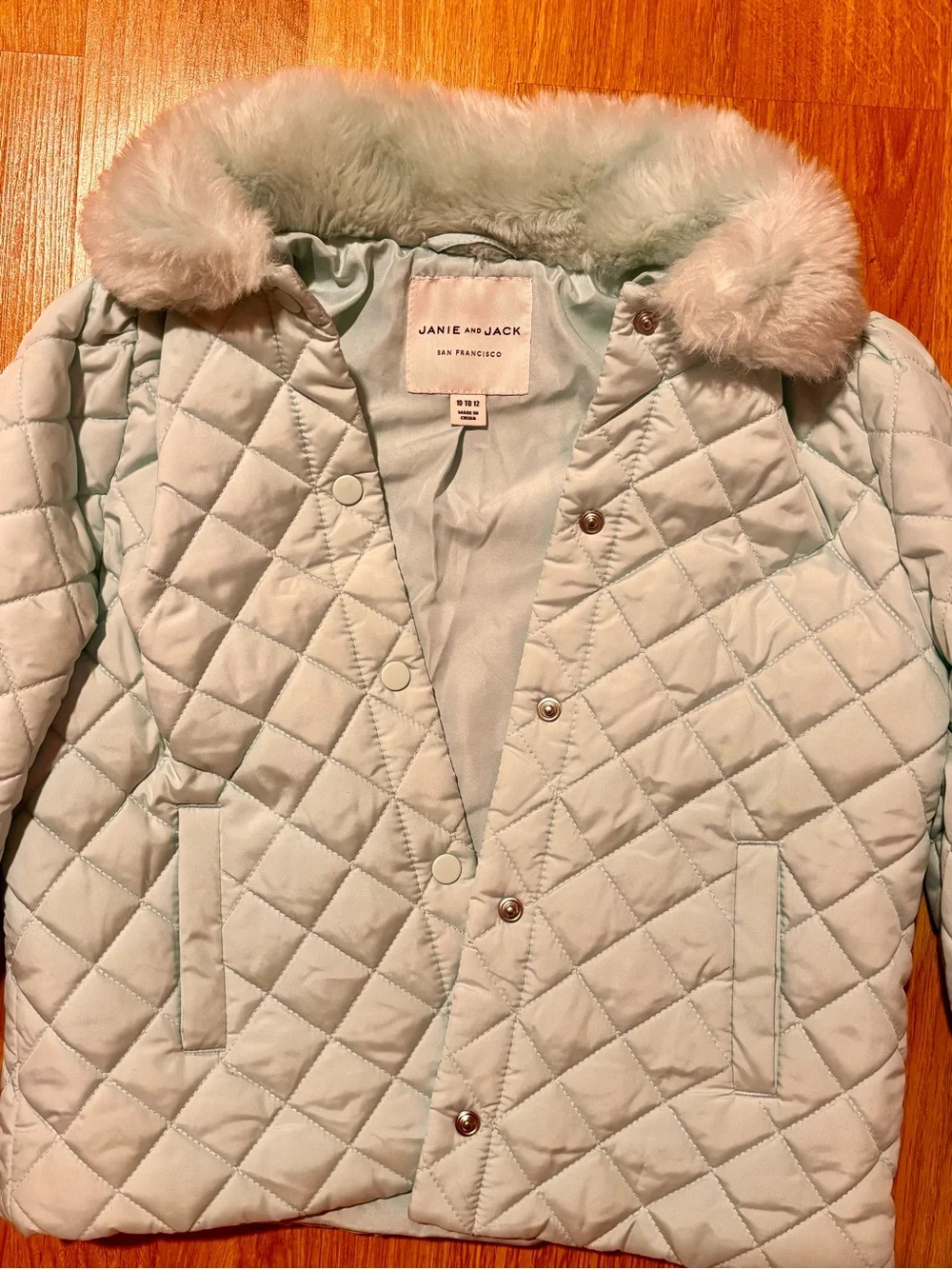 Janie and Jack Quilted Puffer Jacket with Faux Fur Collar - Pale Mint size 10-12